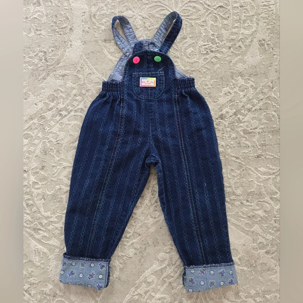 Vintage 1990s OshKosh B'Gosh Dark Blue Denim Neon Button Overalls